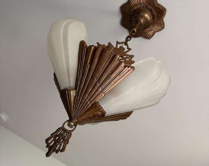1910s Antique 3 Bulb Hanging Slip Shade Chandelier, Rewired/ Restored, Starburst Pattern, Original Bronze Decor, JC Virden