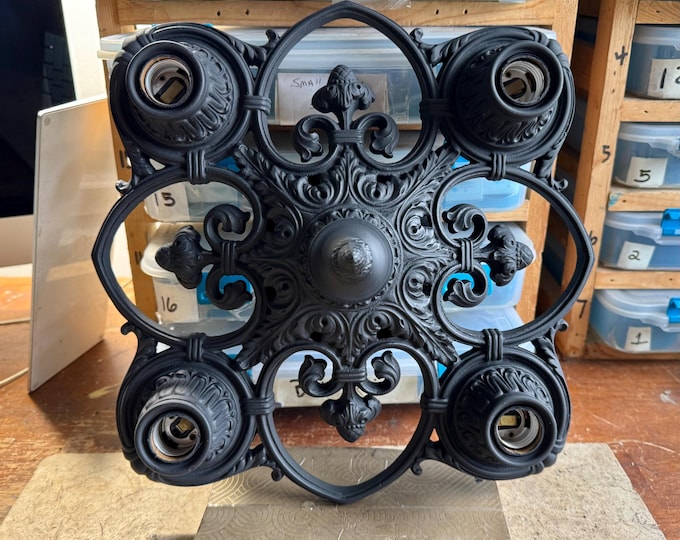 1910's Antique Heavy Cast Iron Flush Mount Ceiling Fixture, Rewired and Refinished Charcoal Black, Low Ceiling, Kitchen, Bedroom, Bath