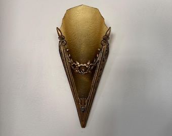 1905-07 Antique Slip Shade Wall Sconce, Single Bulb, Cast Metal with Amber Glass Shades, Rare, Retouched/Rewired/Rebuilt, Ready to Install