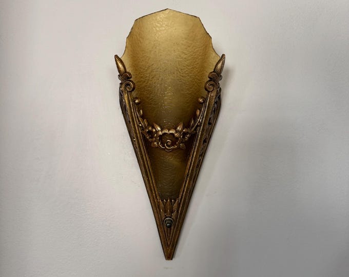 1905-07 Antique Slip Shade Wall Sconce, Single Bulb, Cast Metal with Amber Glass Shades, Rare, Retouched/Rewired/Rebuilt, Ready to Install