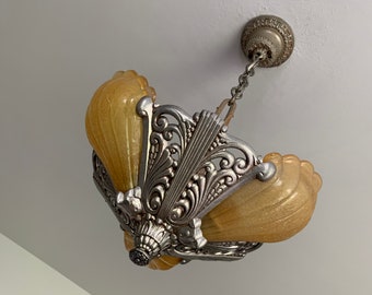 3 Bulb Slip Shade Hanging Chandelier, 1910's, Rewired/Restored, Honey Amber Embossed Satin Glass Shades, Riddle Company