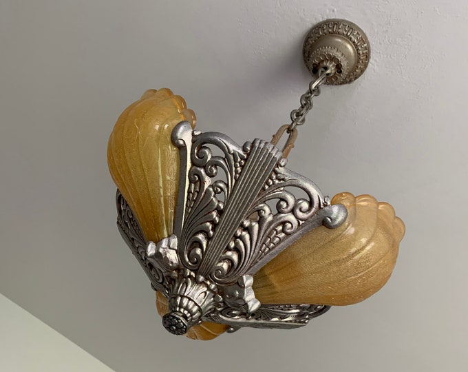 3 Bulb Slip Shade Hanging Chandelier, 1910's, Rewired/Restored, Honey Amber Embossed Satin Glass Shades, Riddle Company