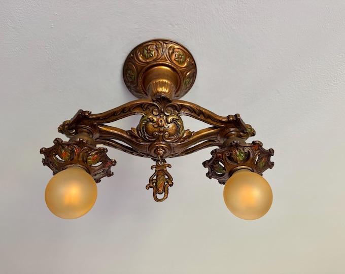 1910's Antique Semi-Flush Mount Light Fixture, Original Bronze Decor with Multi-Color Accents, Cast Iron,  Rewired Ready to Install, LACO