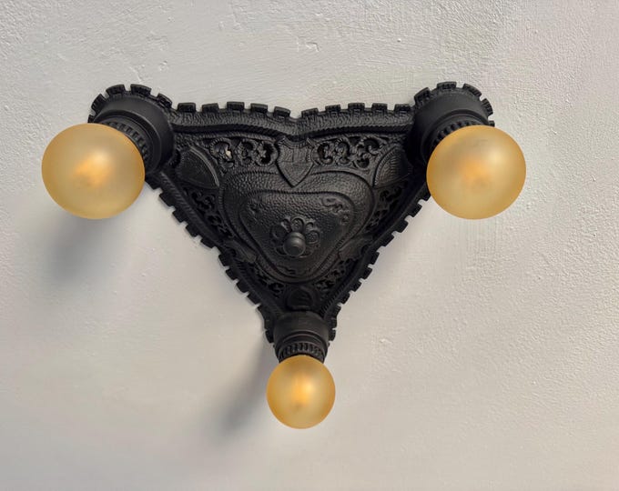 Antique Cast Iron Flush Mount Ceiling Fixture, 1910's Three Bulb English Tudor, Charcoal Black, Ready to Install