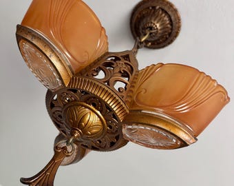 Antique Hanging Slip Shade Ceiling Fixture, 1910's Cast Iron 3 Bulb Amber Glass, Rewired/Ready to Install, Original Bronze Decor