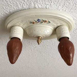 Vintage Lighting Farmhouse Flush Mount Ceiling Fixture, Two Light Porcelain, Rewired, 1930&#39;s Porcelier
