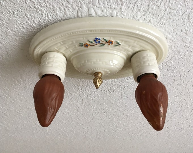 Vintage Lighting Farmhouse Flush Mount Ceiling Fixture, Two Light Porcelain, Rewired, 1930's Porcelier