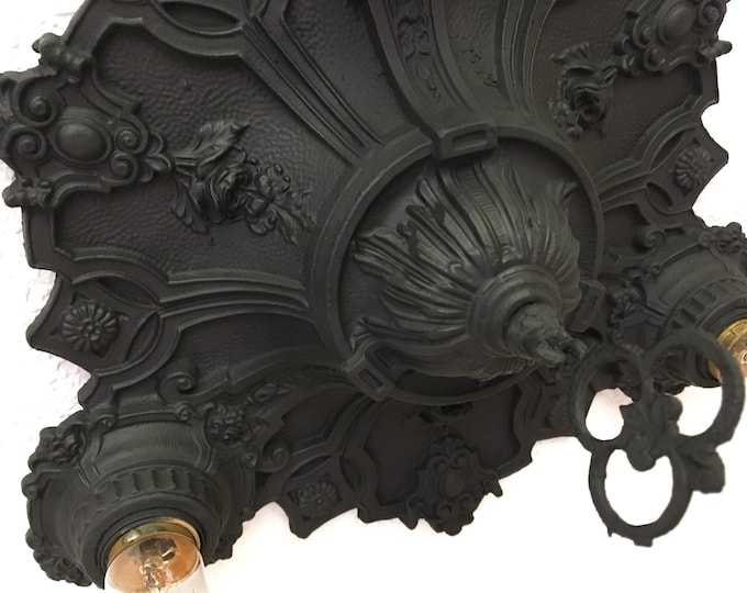Flush Mount Cast Heavy Iron Ceiling Light, 1910's Art Nouveau with Barbolla Roses, Charcoal Black, Rewired, Made by Lightolier