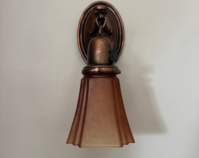 1907 Theater Wall Sconce,  Amber Carnival Glass Shade, Copper Decor with On/Off Paddle Switch, Rewired/Ready to Install