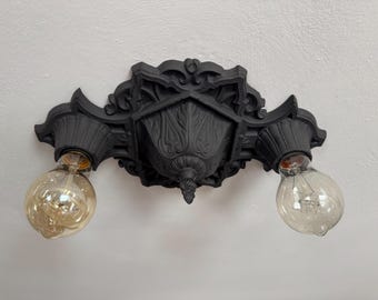 Art Deco Farmhouse Flush Mount Ceiling Light Fixture, 1920's Cast Iron, Rewired and Refinished Charcoal Black
