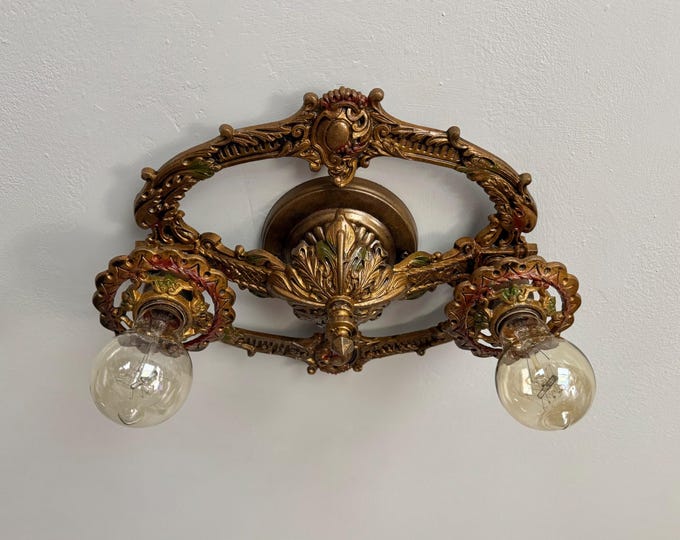 1910's Semi Flush Ceiling Fixture, Antique Lighting, 2 Bulb Original Bronze Decor with Deep Red & Green Accents, Restored / Ready to Install