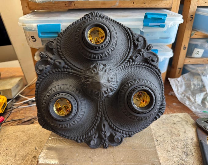 Antique Art Deco Flush Mount 3 Bulb Ceiling Fixture, 1910's Heavy Cast Iron, Rewired/Refinished Charcoal Black, Moe Bridges