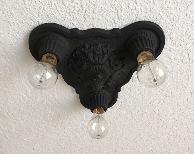 Farmhouse Flush Mount 1920's Heavy Cast Iron Ceiling Light,  Charcoal Black, Rewired, Low Profile Short Ceiling