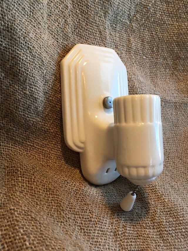 1920's Art Deco Wall Sconce with Plugin, White Porcelain, Rewired