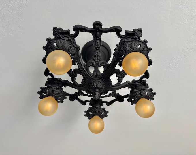 Antique Art Deco Heavy Cast Iron Semi-Flush Mount Ceiling Fixture, 1910's LACO, Refinished Charcoal Black, Restored/Ready to Install