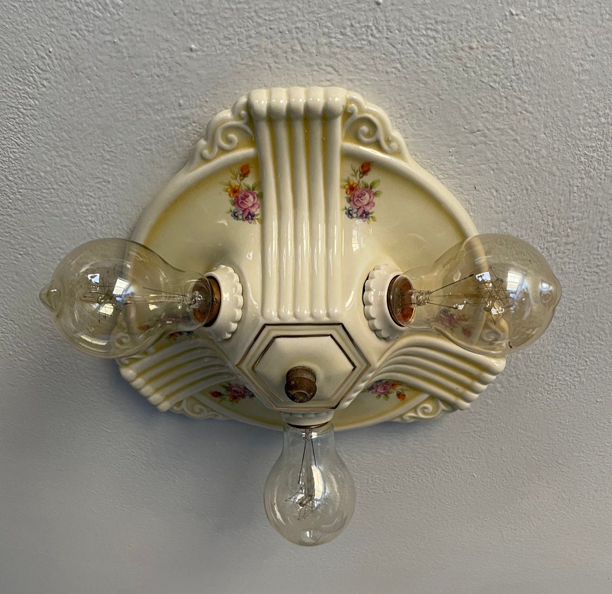 Vintage Lighting 1910 pull chain ceiling fixture. Roses! Rewired!