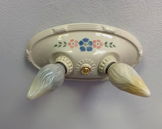 Antique Farmhouse Flush Mount Ceiling Fixture, Two Light Porcelain, Rewired, 1930's, Porcelier