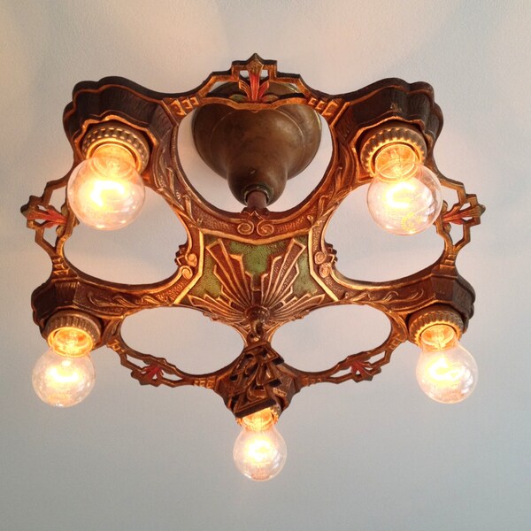 Antique Cast Iron Deco Semi Flush Chandelier, Rewired, Restored, c1930's, Jade Gold Bronze, Lasalle