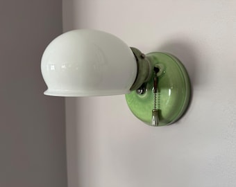 Antique Wall Sconce, Jade with German Milk Glass Shade, 1920's Porcelain with On/Off Pull Switch, Rewired and Ready to Install, Lightolier