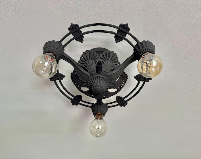 1910's Antique Art Deco Semi-Flush Mount Ceiling Fixture, Cast Aluminum, Charcoal Black, Restored/Ready to Install, AMF Company