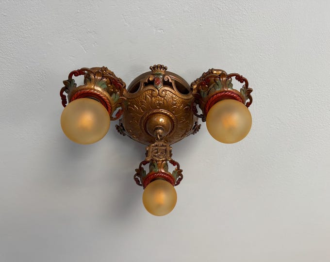1910's Antique Semi-Flush Ceiling Fixture, Colorful 3 Bulb, Original Decor with Deep Red and Green Accents Restored Ready to Install