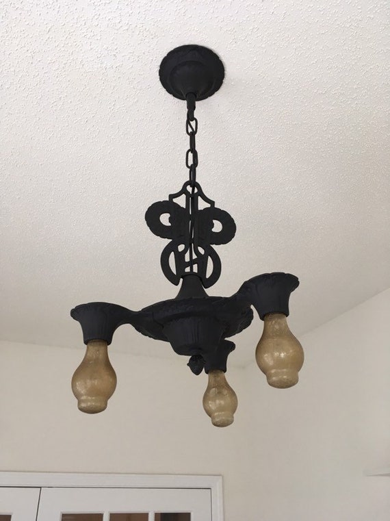 Farmhouse Art Deco Hanging Ceiling Fixture Charcoal Black 1930 S Heavy Cast Iron Rewired Ready To Install Manufactured By Electrolier