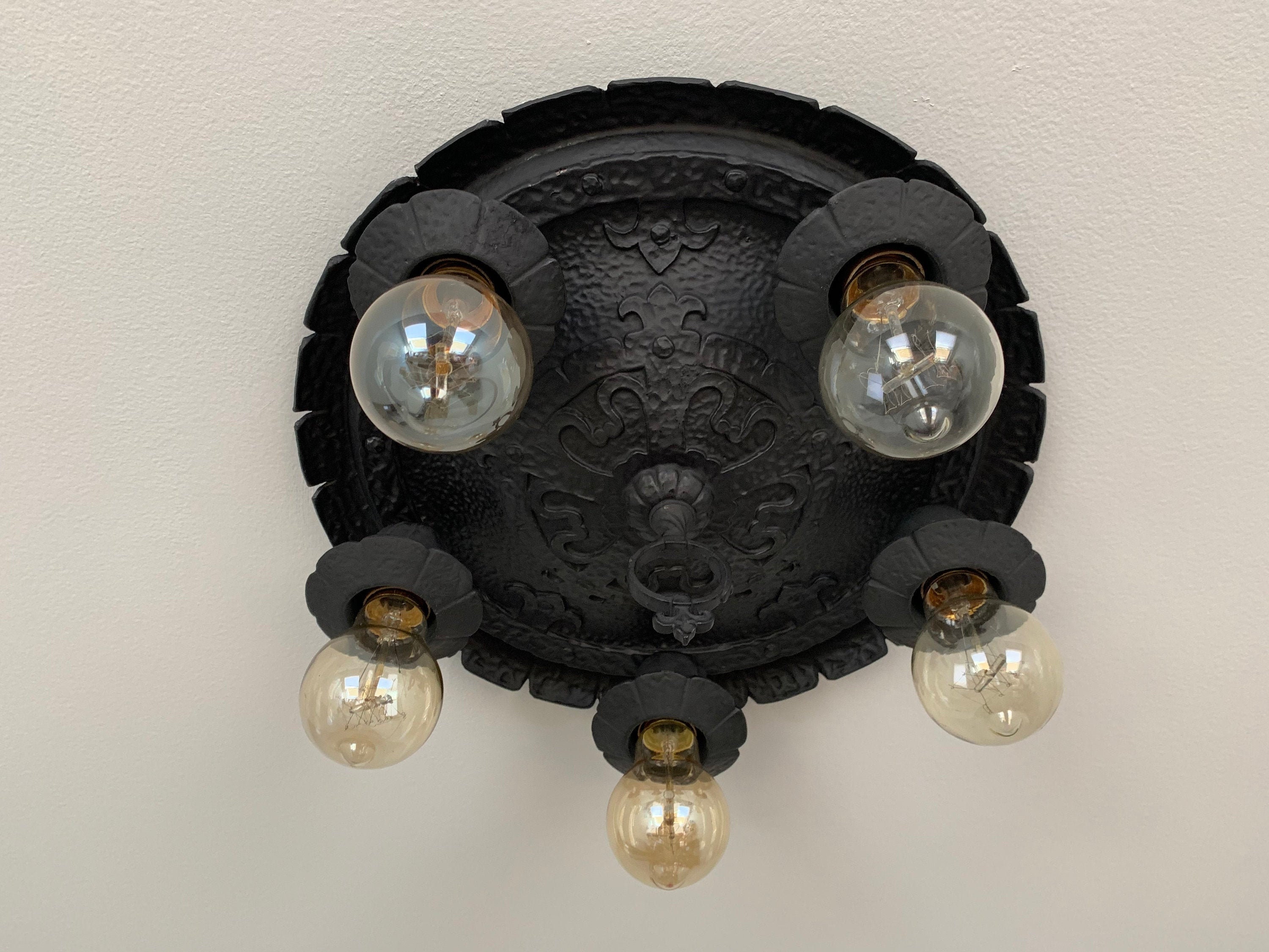 1907 Gothic Medieval Antique Flush Mount Light Fixture, 5 Bulb Cast