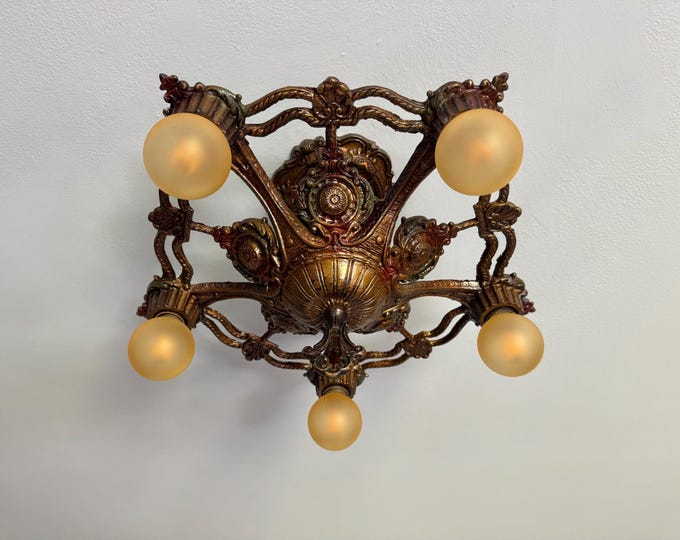 1910's Semi-Flush Fixture Chandelier, Heavy Cast Iron Original Bronze Decor with Multi Color Accents, Rewired and Ready to Install