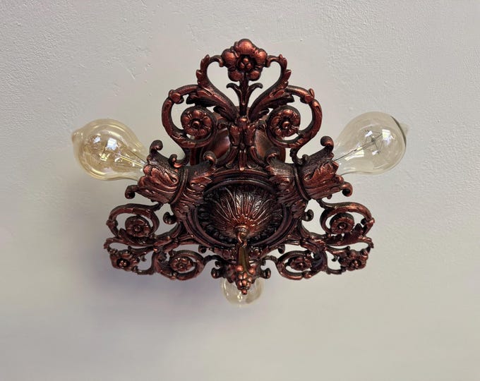 1907/09 Antique Semi-Flush Mount Light Fixture, Horizontal Bulb-Thru-Base, Copper Finish, Restored and Ready to Install