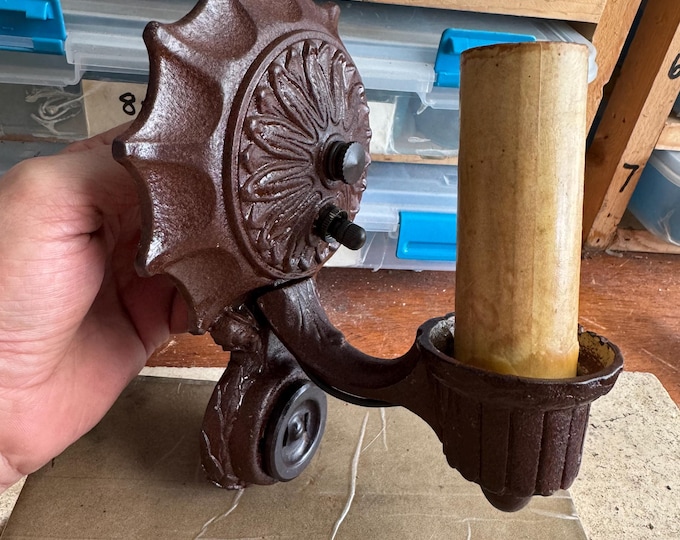 Antique Wall Sconce, 1910s Cast Iron Art Deco with Plug-in and On/Off Rotary Switch, Restored/Rewired, Ready to Install, Markel Web