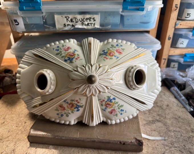 Antique German Porcelain Flush Mount Ceiling Fixture, Custard Cream With Floral, Rewired, 1920's Porcelier