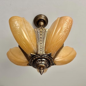 1910's Antique Hanging Slip Shade Ceiling Light, 5 Bulb Cast Iron Art Deco, Restored/Rewired, Original Light Bronze Decor, Ready to Install