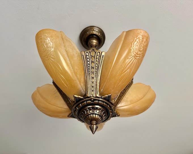 1910's Antique Hanging Slip Shade Ceiling Light, 5 Bulb Cast Iron Art Deco, Restored/Rewired, Original Light Bronze Decor, Ready to Install