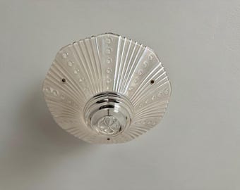 1930's Three Chain Semi Flush Ceiling Light, Art Deco Soft Opalescent Glass Bowl with Black Ceiling Canopy, Ready to Install