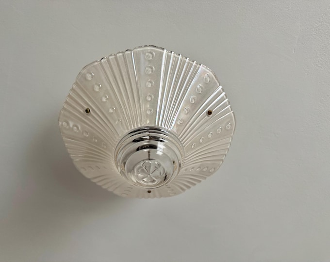 1930's Three Chain Semi Flush Ceiling Light, Art Deco Soft Opalescent Glass Bowl with Black Ceiling Canopy, Ready to Install