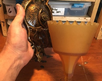 Antique Lighting Wall Sconce, Slip Shade Cast Iron with Serpents, Art Deco, Sunset Amber Glass Shades, Original Decor, Long Crack