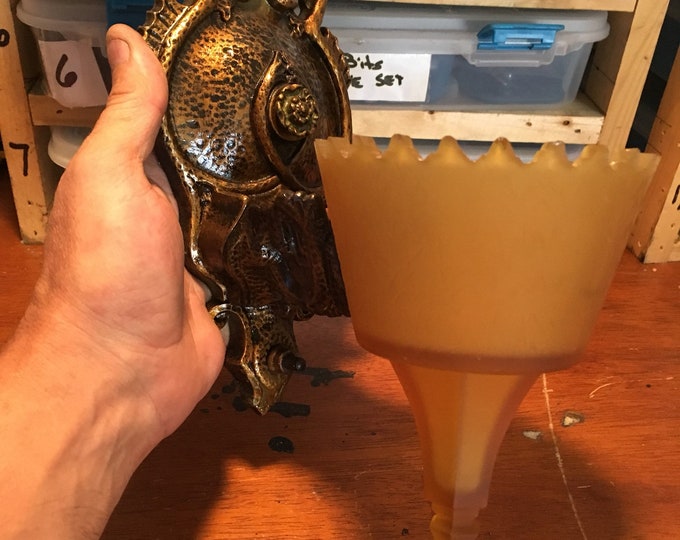 Antique Lighting Wall Sconce, Slip Shade Cast Iron with Serpents, Art Deco, Sunset Amber Glass Shades, Original Decor, Long Crack