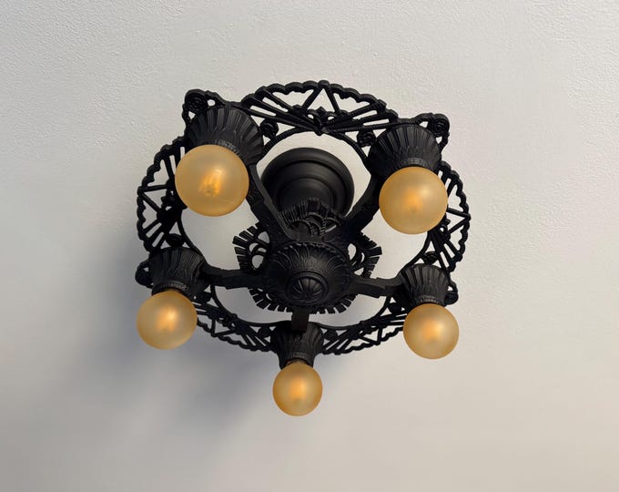 Antique Semi Flush Mount Ceiling Fixture, 1910's Heavey Cast Iron Five Bulb, Refinished Charcoal Black, Attic, Hallway, Bedroom, Kitchen