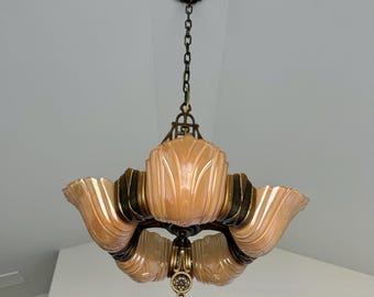 Antique Hanging Slip Shade Ceiling Fixture, 1910's  Original Bronze Decor, Restored, M.E.P. (Merkel Electric Products), Ready to Install
