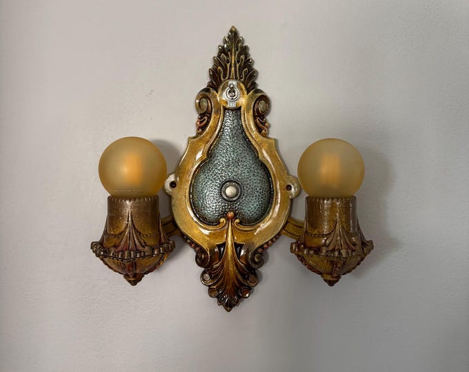 Art Deco 2 Bulb Wall Sconce, 1909 Cast Aluminum with On/Off Toggle Switch, Ready to Install