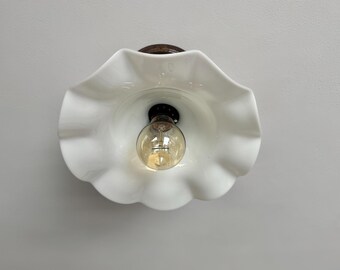 1930's Semi-Flush Milk Glass Ceiling Light Fixture, Petite with Bronzed Mounting Hardware, Ready to Install
