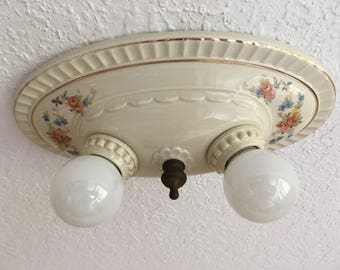 Antique Farmhouse Flush Mount Ceiling Fixture, Two Light Porcelain, Rewired, 1930&#39;s Porcelier