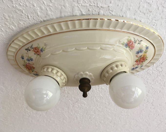 Antique Farmhouse Flush Mount Ceiling Fixture, Two Light Porcelain, Rewired, 1930's Porcelier