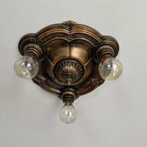 Flush Mount Antique Art Deco Ceiling Light, 1910's Three Bulb, Deep Bronze Decor, Rewired and Ready to Install