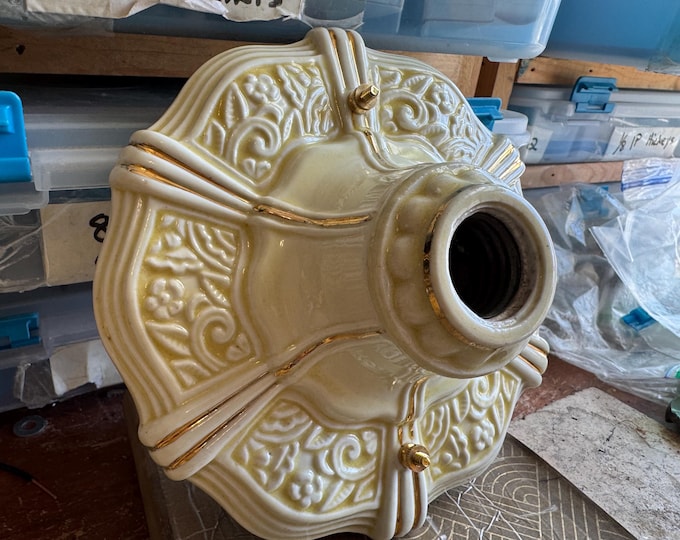 Antique Flush Mount Ceiling Fixture, Single Bulb Porcelain Bone China, , Uranium Glaze (Vaseline Glass), Rewired/Ready to Install, Porcelier