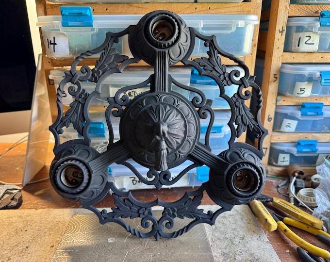 1920's Antique Ceiling Light, Cast Iron Flush Mount 3 Light Charcoal Black, Short Ceilings/Low Profile, Rewired and Ready to Install