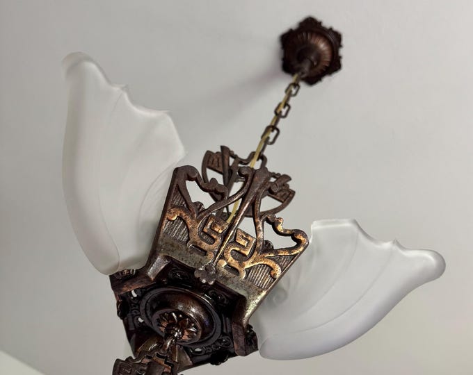 Antique Hanging Slip Shade Ceiling Fixture, 1910's Cast Iron 3 Bulb White Glass, Rewired/Ready to Install, Original Bronze Decor