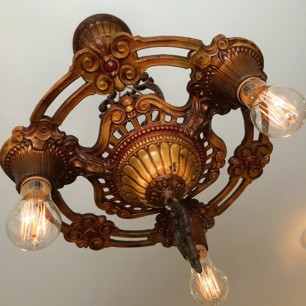 Farmhouse Hanging (Or Semi Flush Option) Chandelier, Restored/Rewired, 1920's Cast Iron, Original  Bronze-Beige Decor with Gorgeous Patina