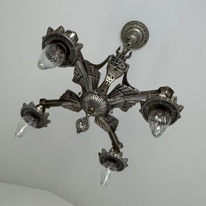 Antique Four Bulb Hanging Chandelier, Man With Horn, 1910's Original Nickel Decor, Rewired/Restored, Ready to Install