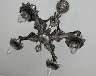Antique Four Bulb Hanging Chandelier, Man With Horn, 1910's Original Nickel Decor, Rewired/Restored, Ready to Install